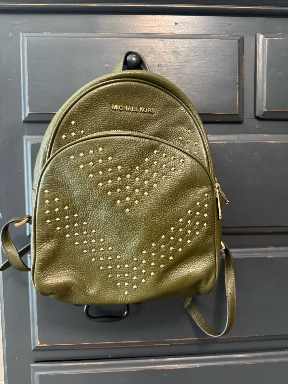 Michael Kors Olive Green Pebbled Leather Studded Backpack